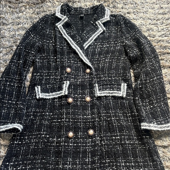 Greathe Women's Black Tweed Double-Breasted Blazer Dress with White Trim, Size S - Picture 5 of 10